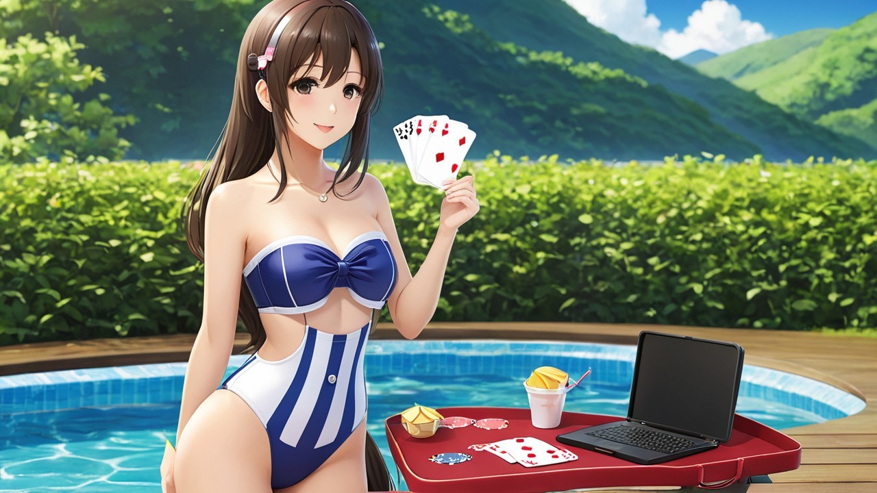 Young woman in swimsuit by pool with playing cards