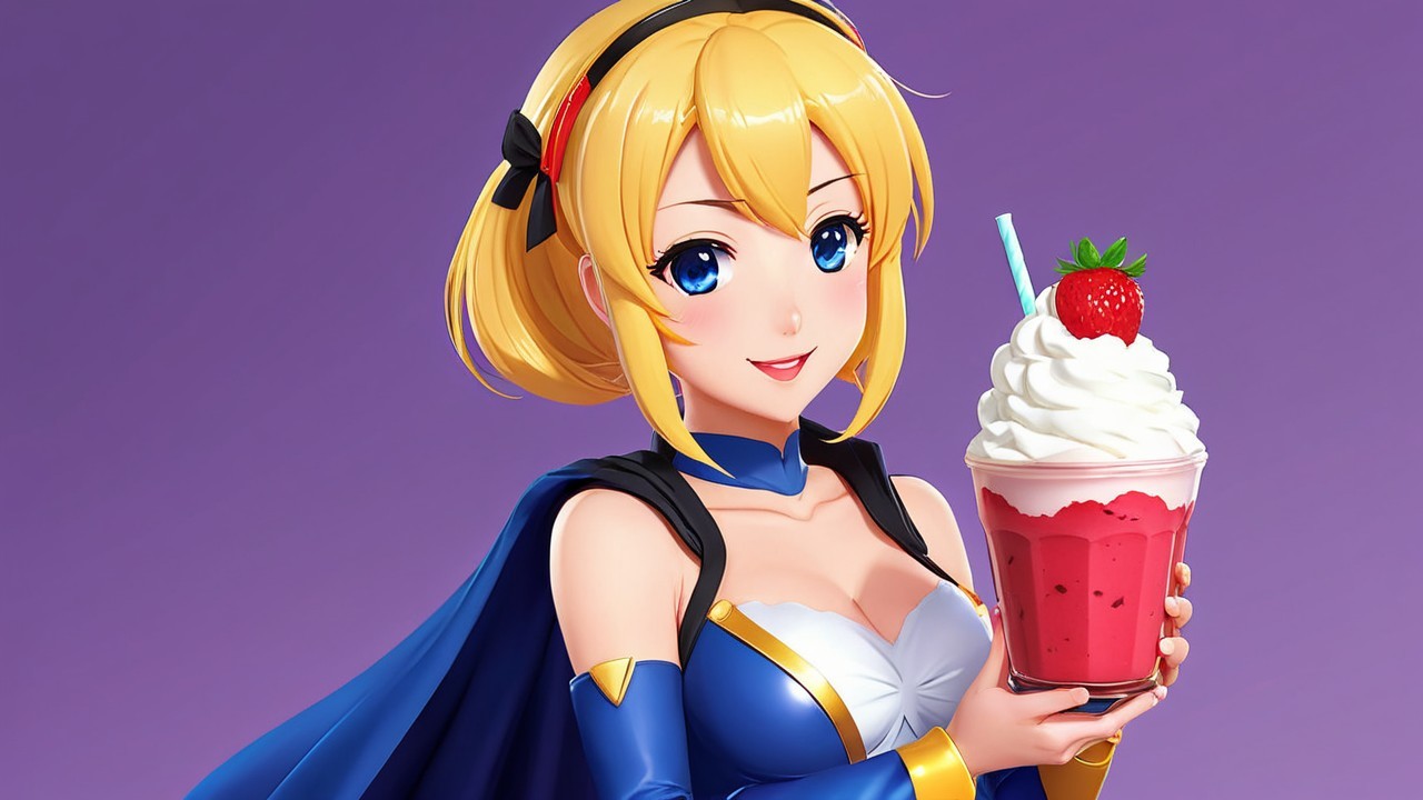 Animated character with dessert cup on purple background