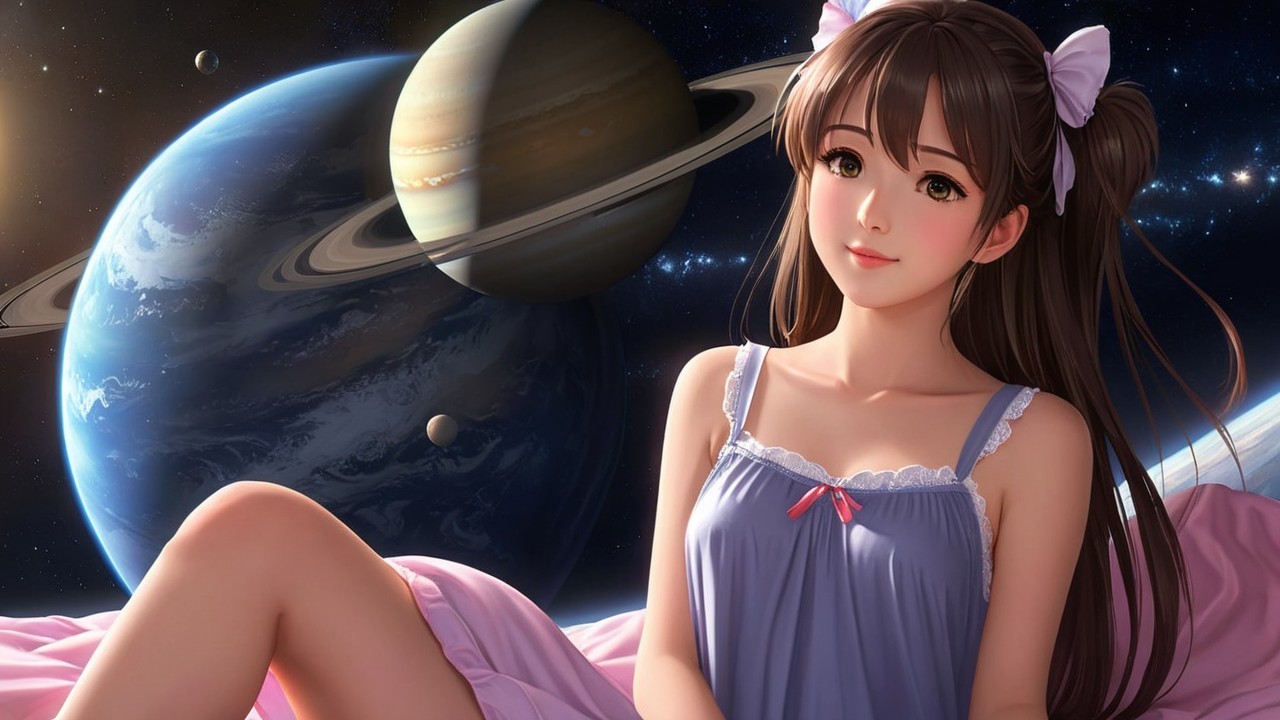 Anime girl in space on a bed with planets and Saturn