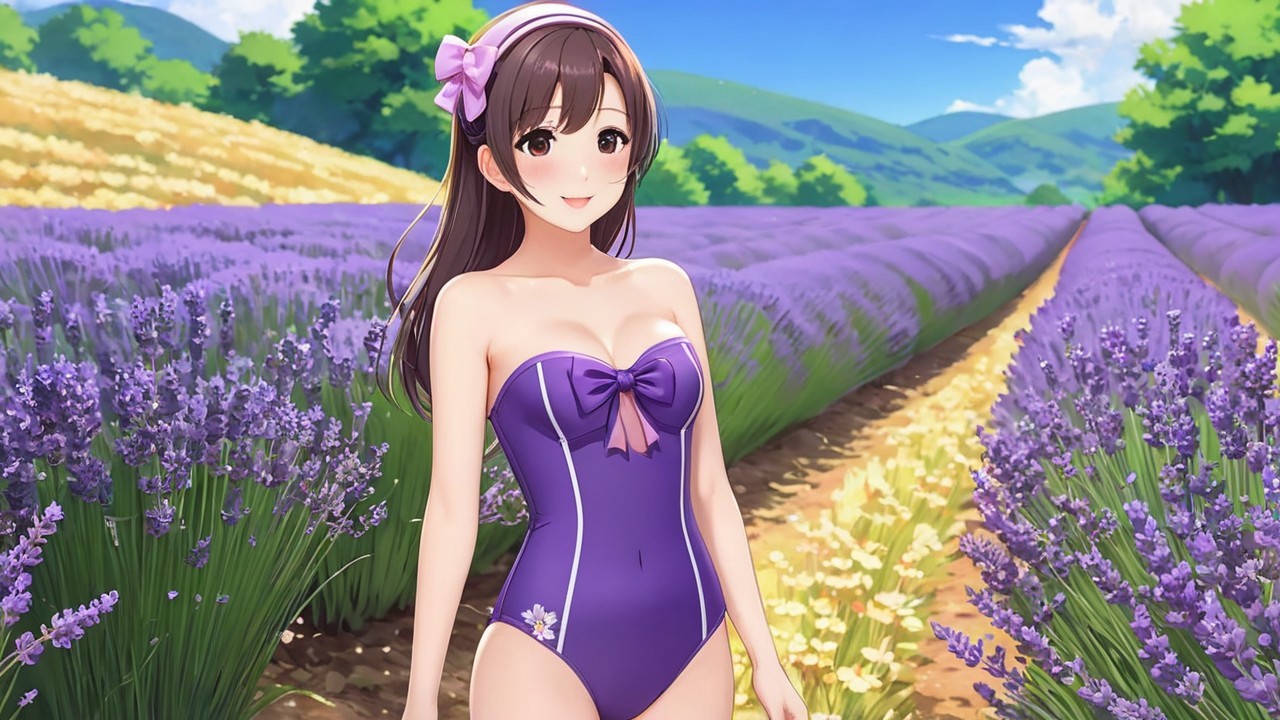Young Woman in Purple Swimsuit in Lavender Field