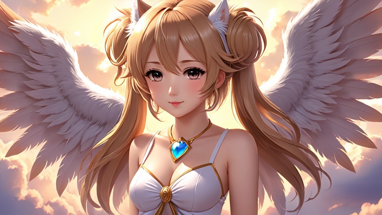 Celestial Figure with Wings and Flowing Hair in Clouds