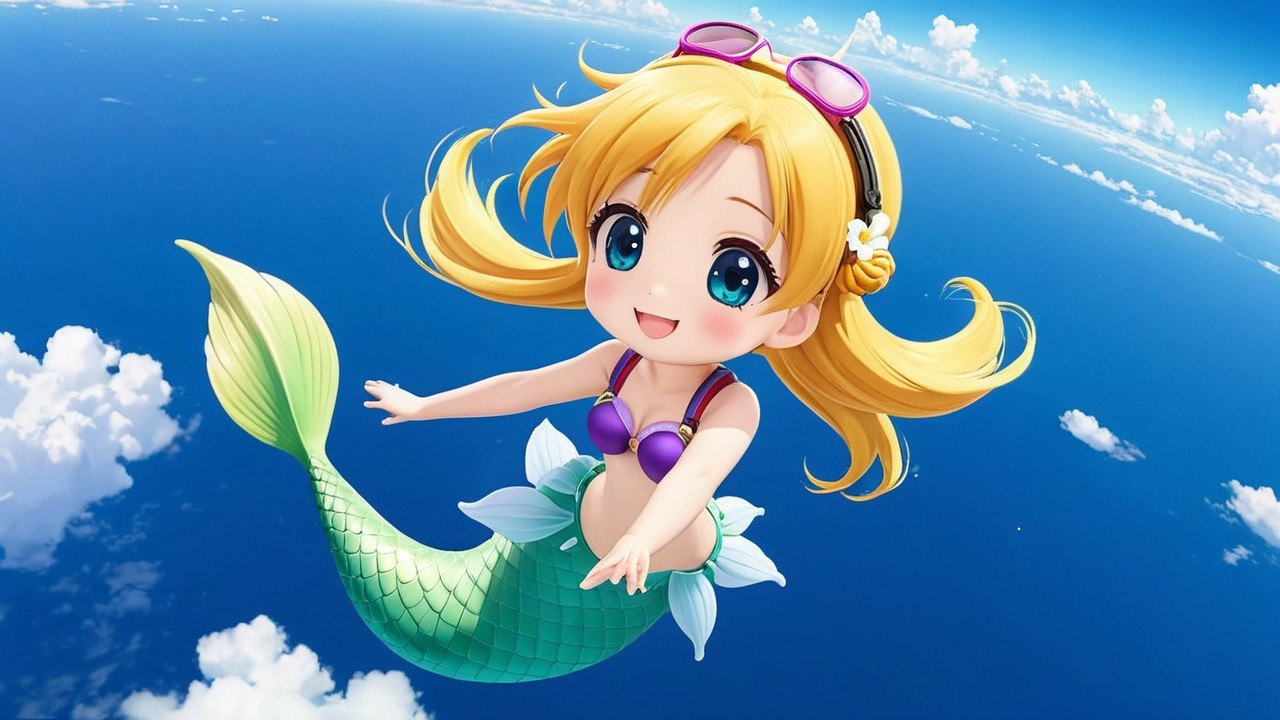 Cheerful animated mermaid swimming in clear ocean