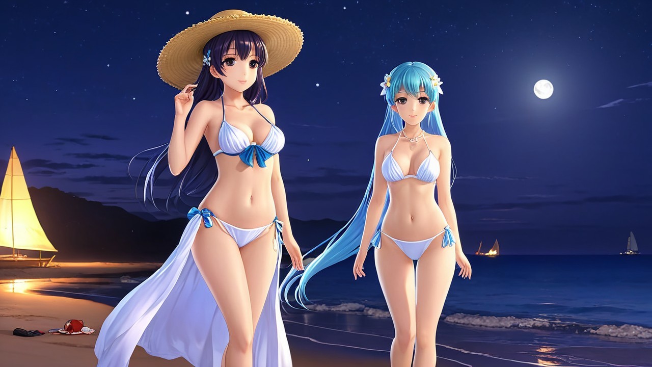 Animated Characters on Moonlit Beach at Night