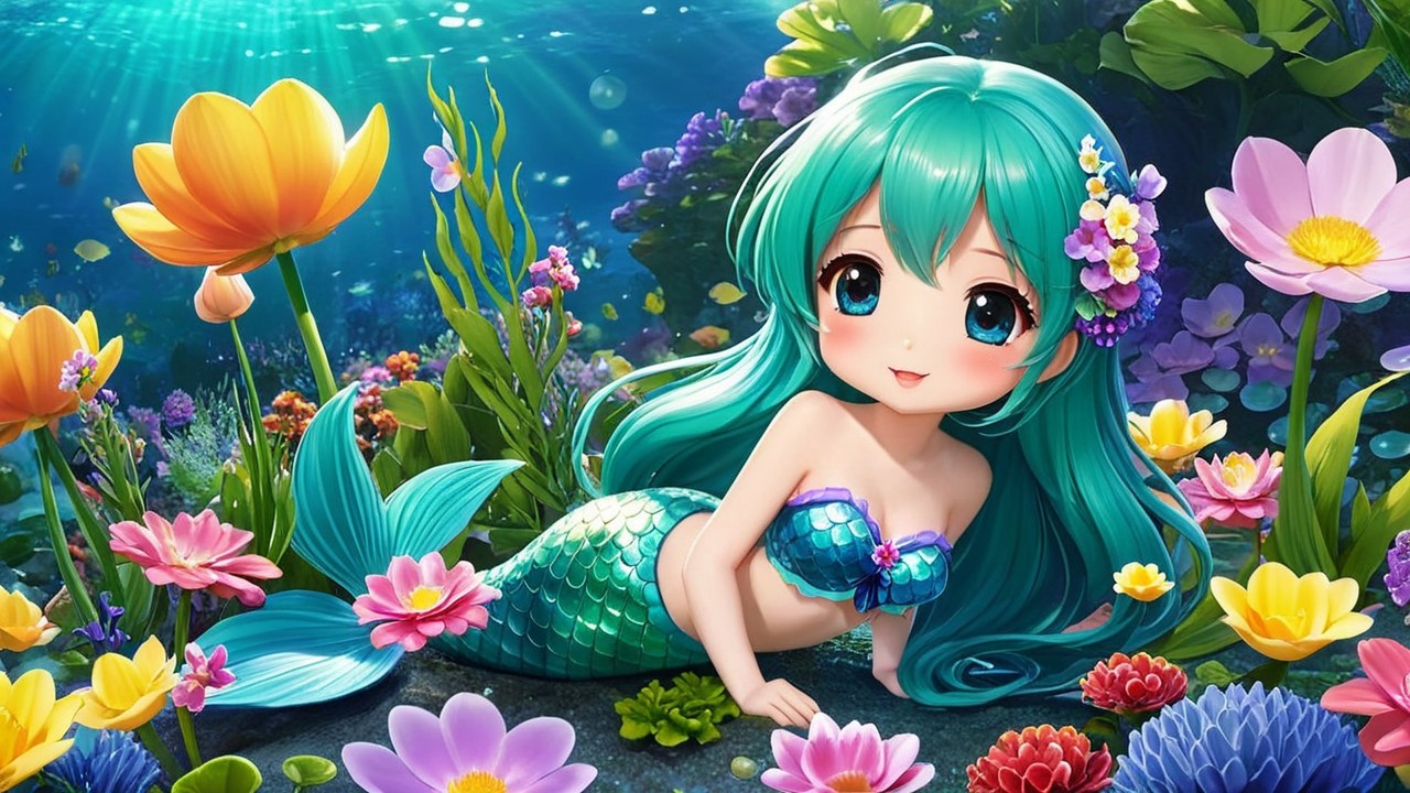 Whimsical Underwater Scene with a Cute Mermaid