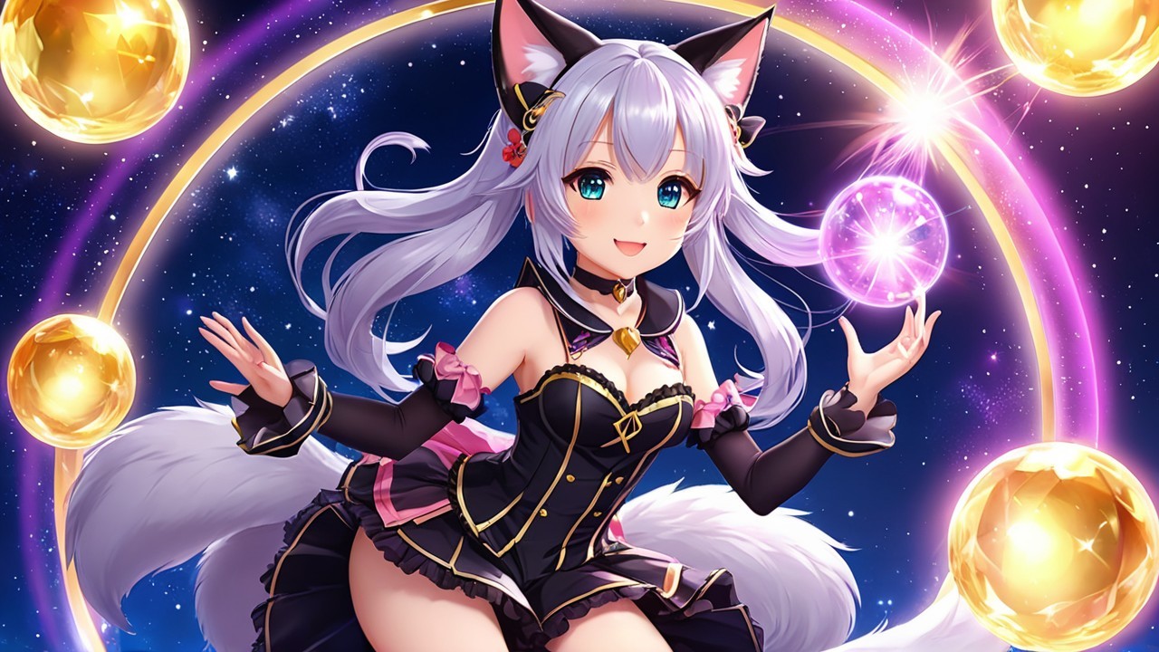 Playful anime character with cat ears and glowing orb