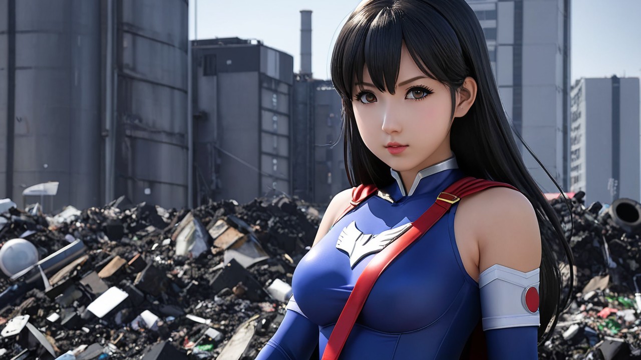 Young Woman in Blue Suit Among Industrial Debris