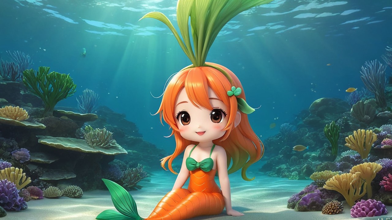 Cartoon Mermaid on Ocean Floor with Colorful Coral