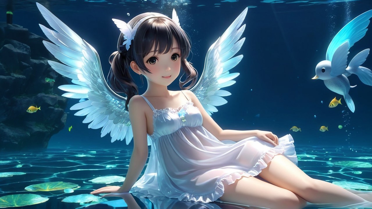 Underwater Scene with a Winged Girl in Blue Water