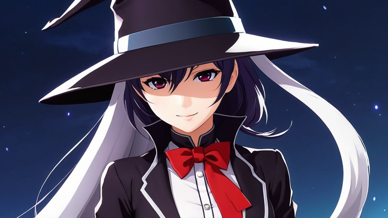 Stylish Character in Witch Hat Against Starry Sky