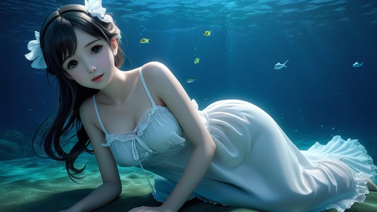 Underwater Scene with Woman in White Dress and Fish