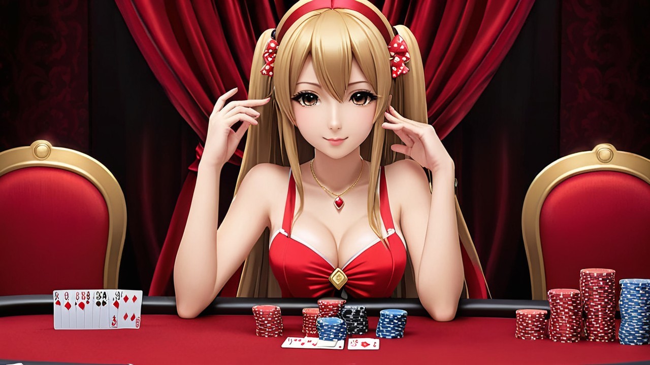 Stylish Woman in Red Dress at Poker Table