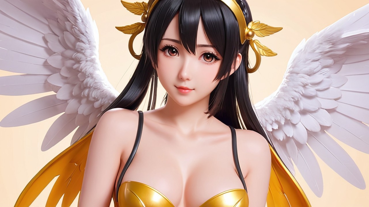 Anime Character with White Wings and Golden Outfit