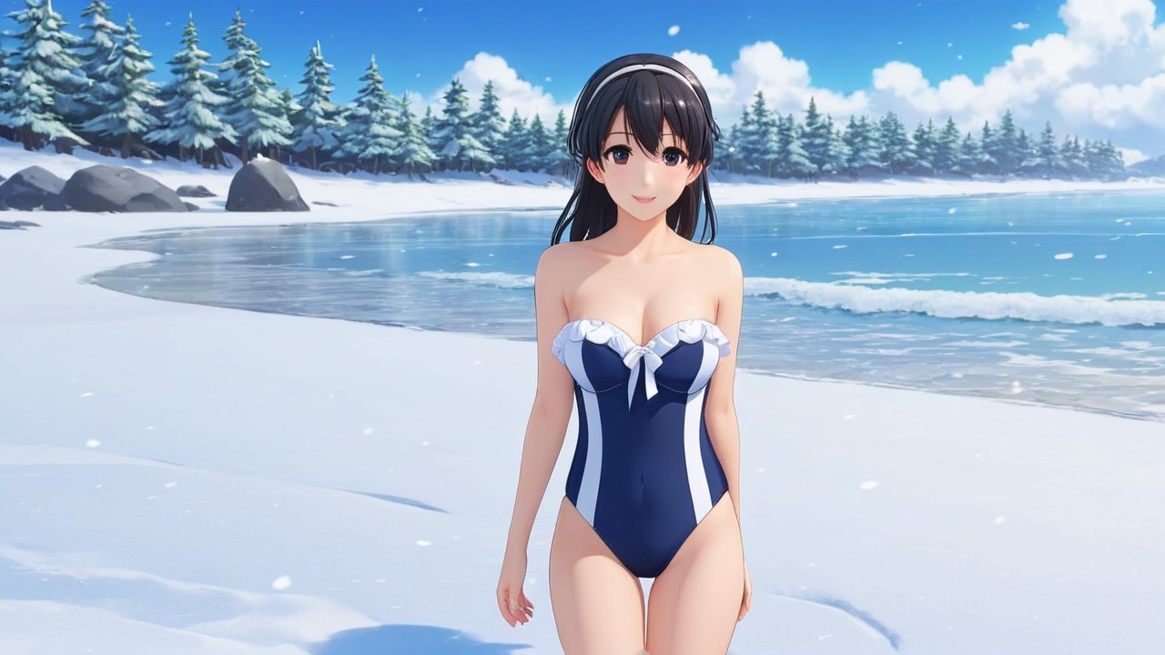 Young woman in blue swimsuit on snowy beach scene