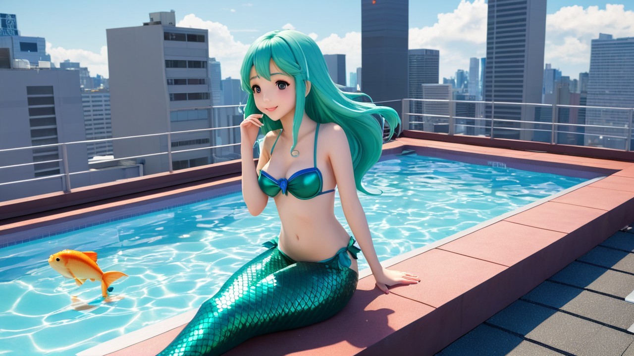 Mermaid by Rooftop Pool with City Skyline Background