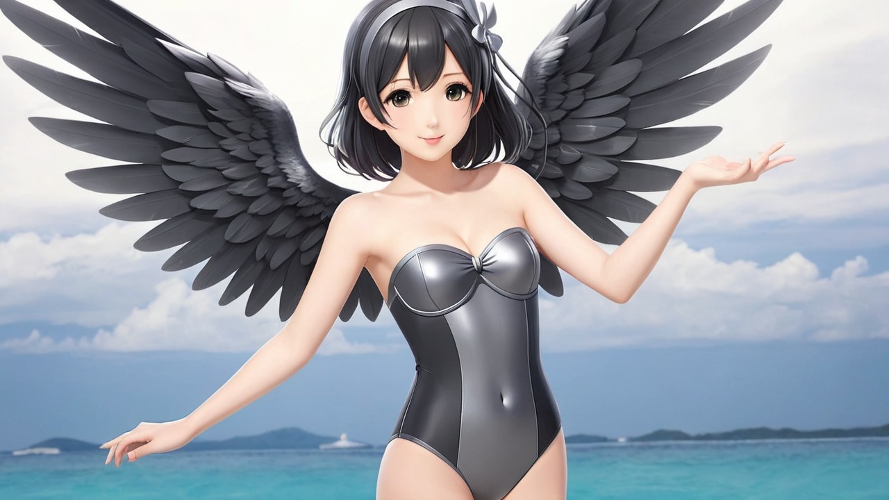 Character with Black Wings at the Beach in Swimsuit