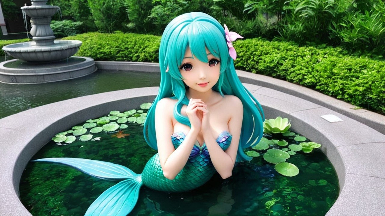 Mermaid with Turquoise Hair in Serene Green Pond