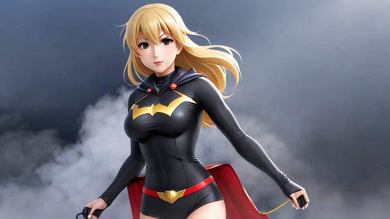 Superheroine in Black Costume with Red Cape and Emblem