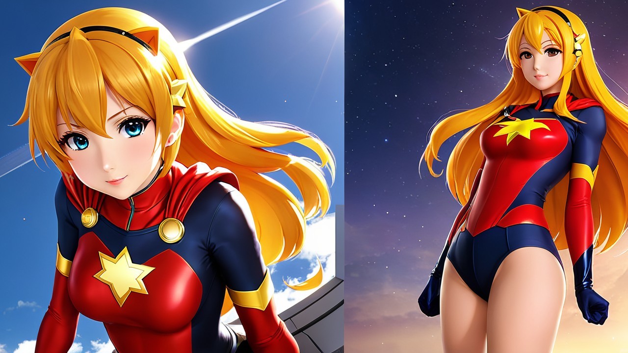 Stylized Female Superhero with Vibrant Costume and Sky