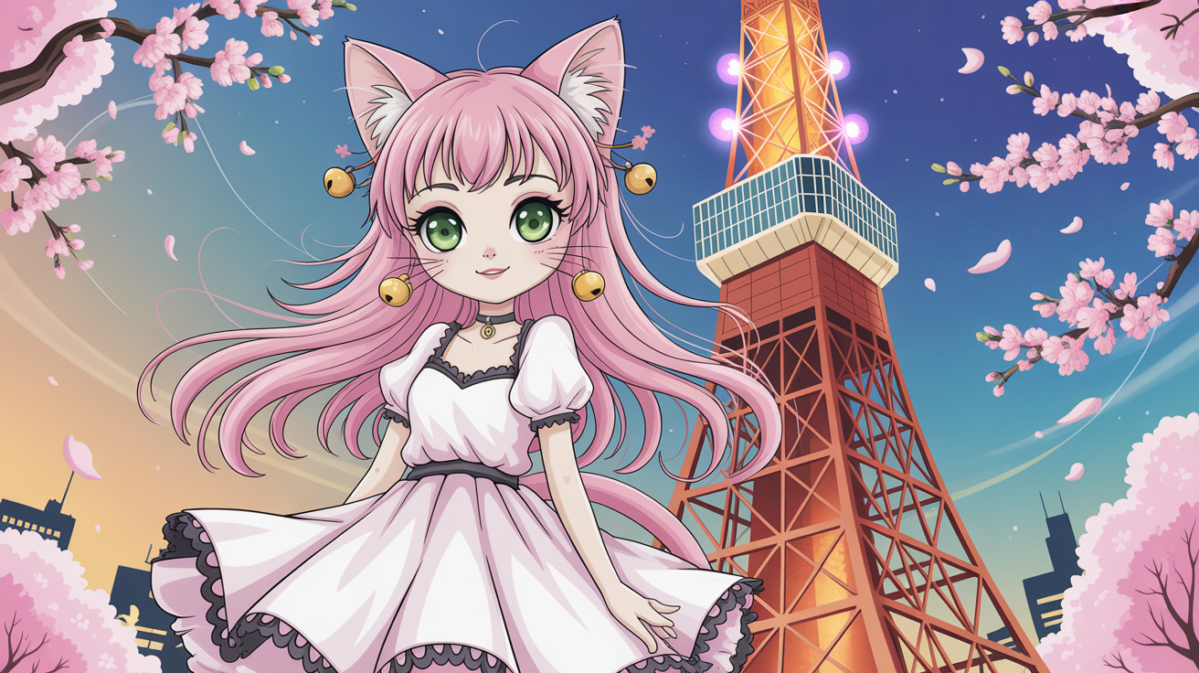 Anime Illustration of Cat Girl with Tokyo Tower Background