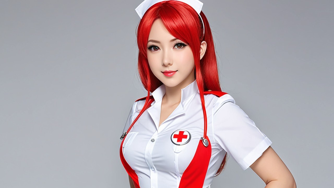 Young Woman in Stylish Nurse Outfit with Red Accents