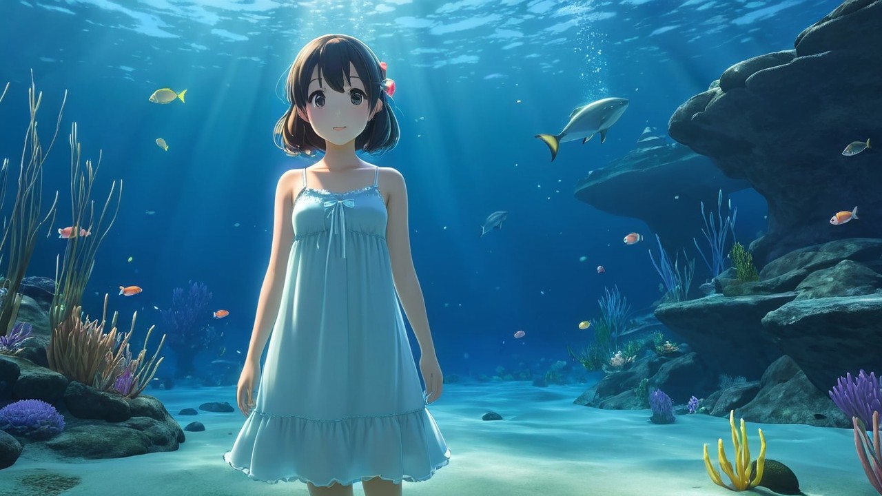 Young girl underwater with colorful fish and coral
