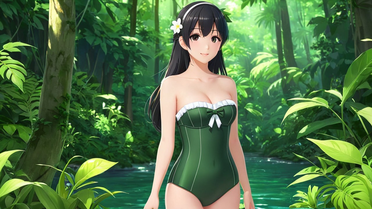 Young Woman in Tropical Jungle with Stream