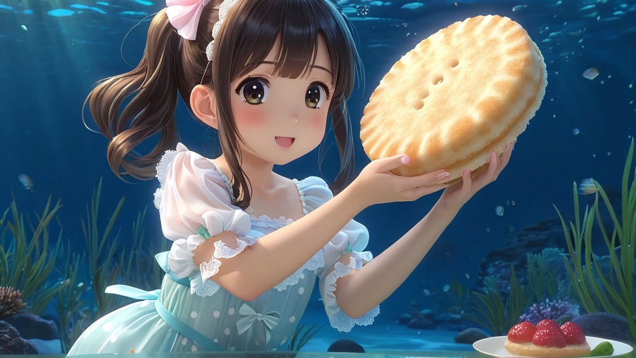 Cheerful girl with cake in vibrant underwater scene