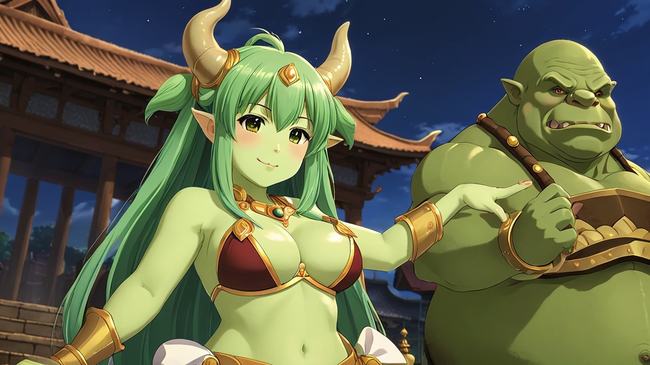 Fantasy Scene with Green-Skinned Characters at Night