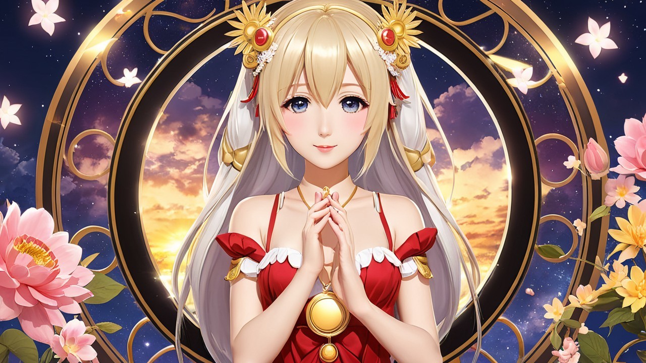 Anime Character in Elegant Red Dress at Sunset
