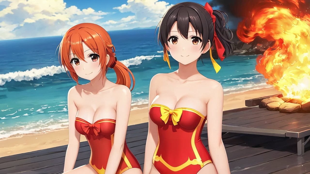 Anime-style girls in swimsuits by the beach