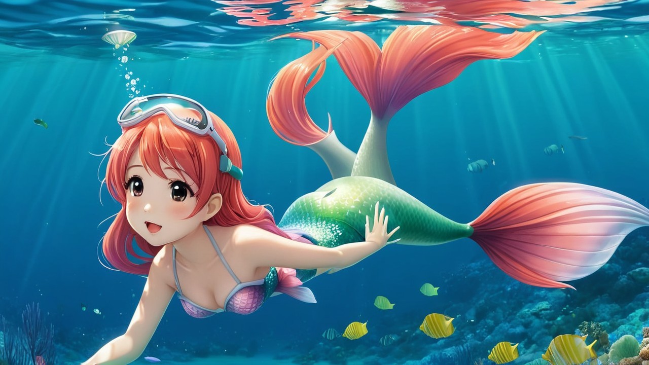 Cheerful Mermaid Swimming in Colorful Coral Reef
