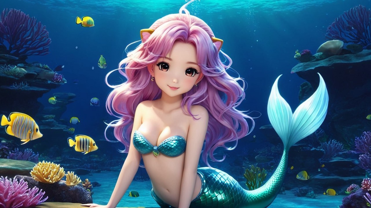Vibrant Underwater Scene with Enchanting Mermaid