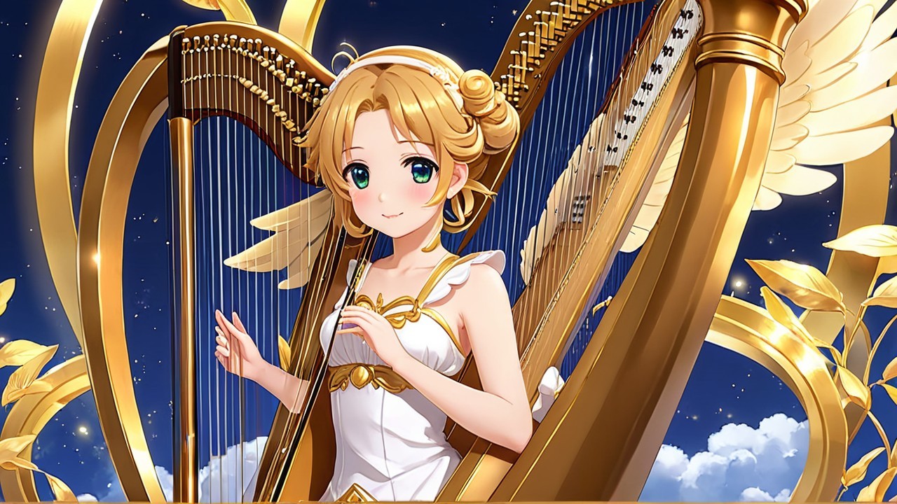 Anime-style girl with wings playing a harp in night sky