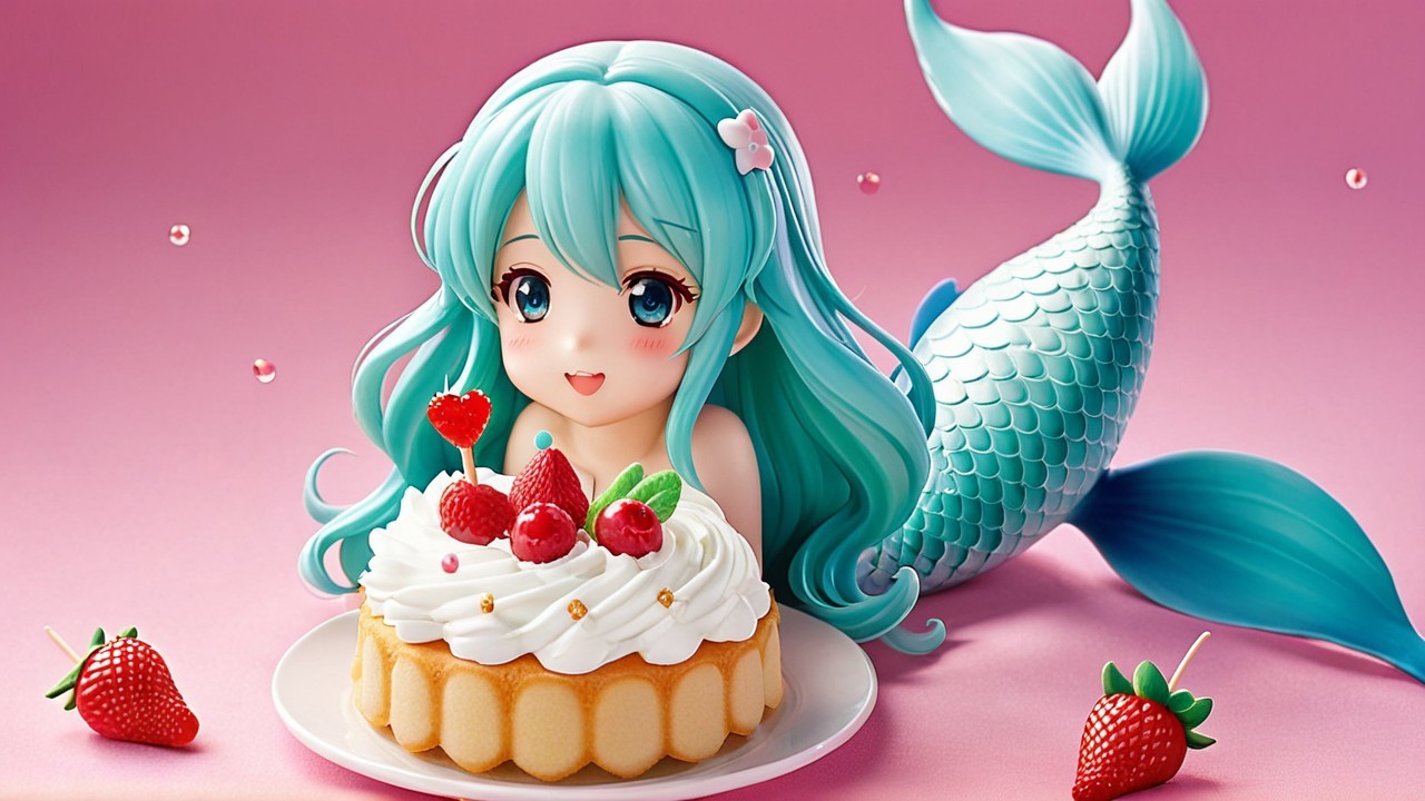 Mermaid Girl with Cake and Aqua Hair in Pink Background