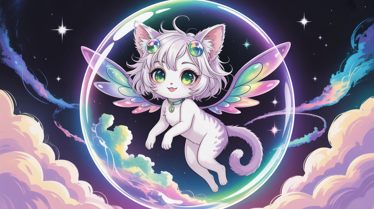 Fluffy White Anime Cat with Colorful Accessories