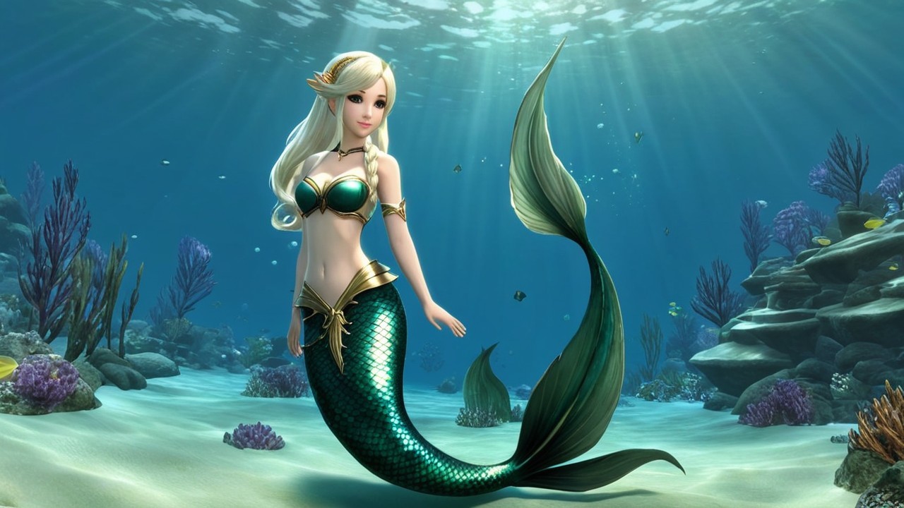 Elegant Mermaid Swimming in Colorful Underwater Scene