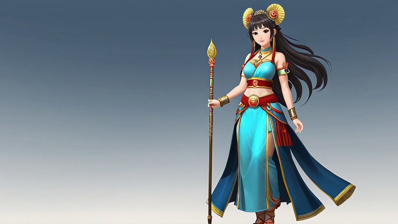 Elegant Female Figure in Turquoise Outfit with Spear