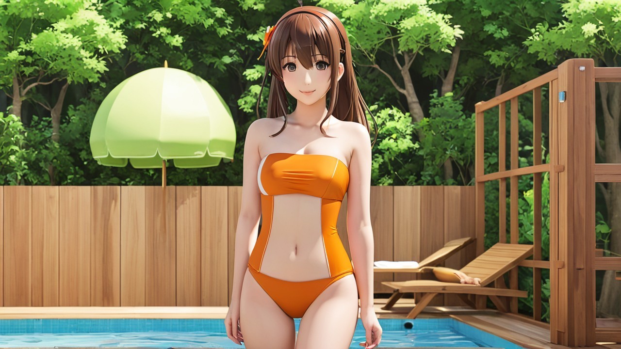 Animated character by a swimming pool in summer setting
