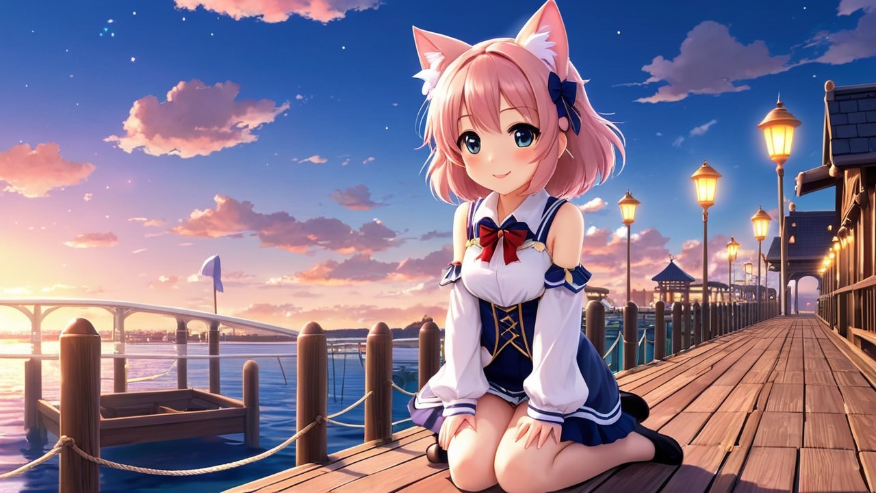 Anime girl with cat ears on a sunset pier