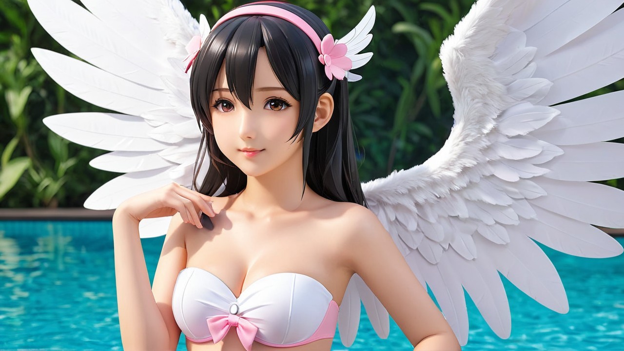 Young woman with wings by a pool in lush greenery