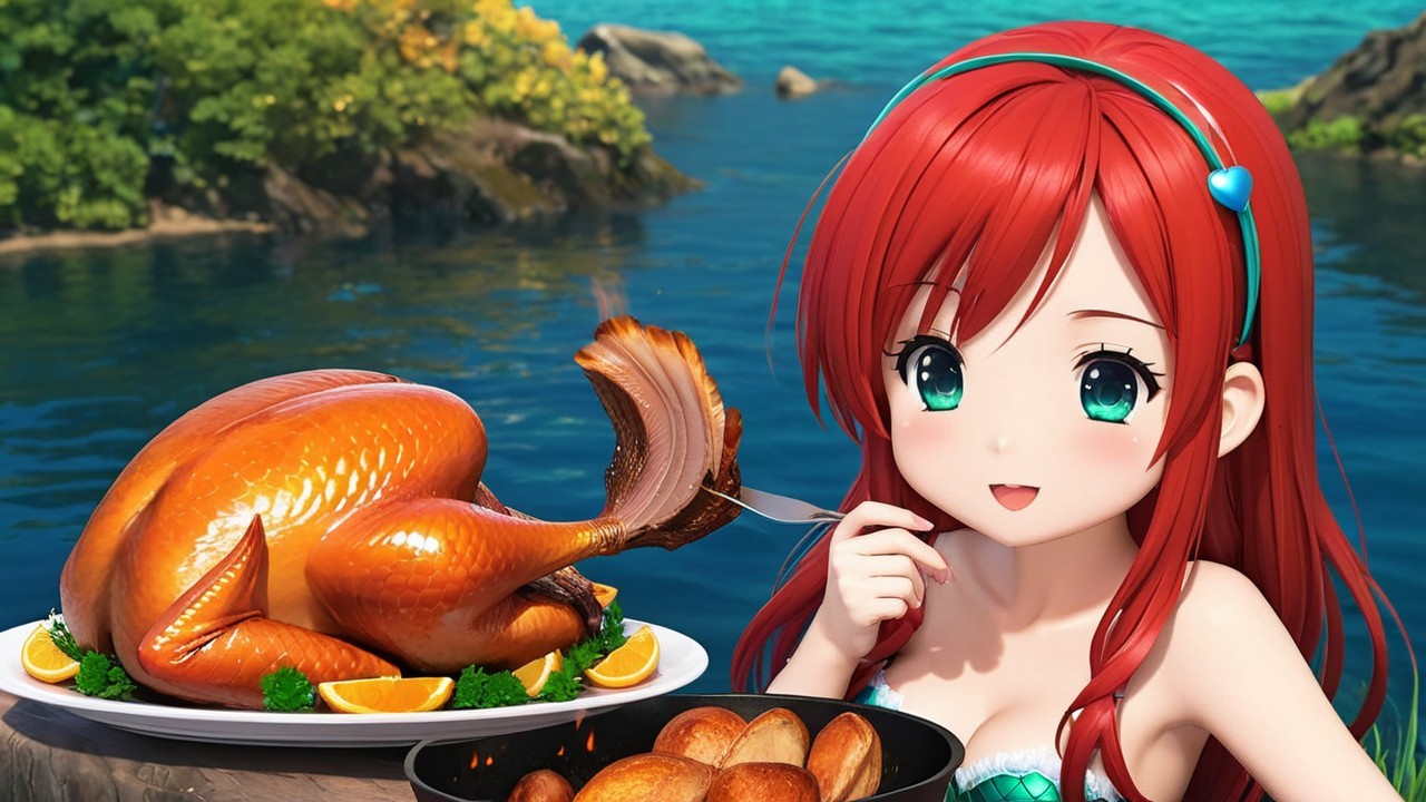 Cheerful Character with Turkey by the Water