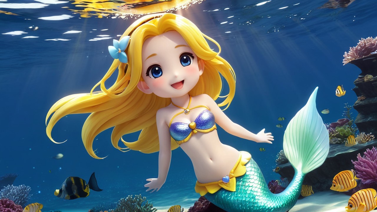 Cheerful cartoon mermaid swimming in vibrant ocean scene