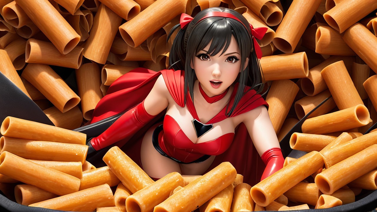 Anime Character Surrounded by Rigatoni Pasta Heap