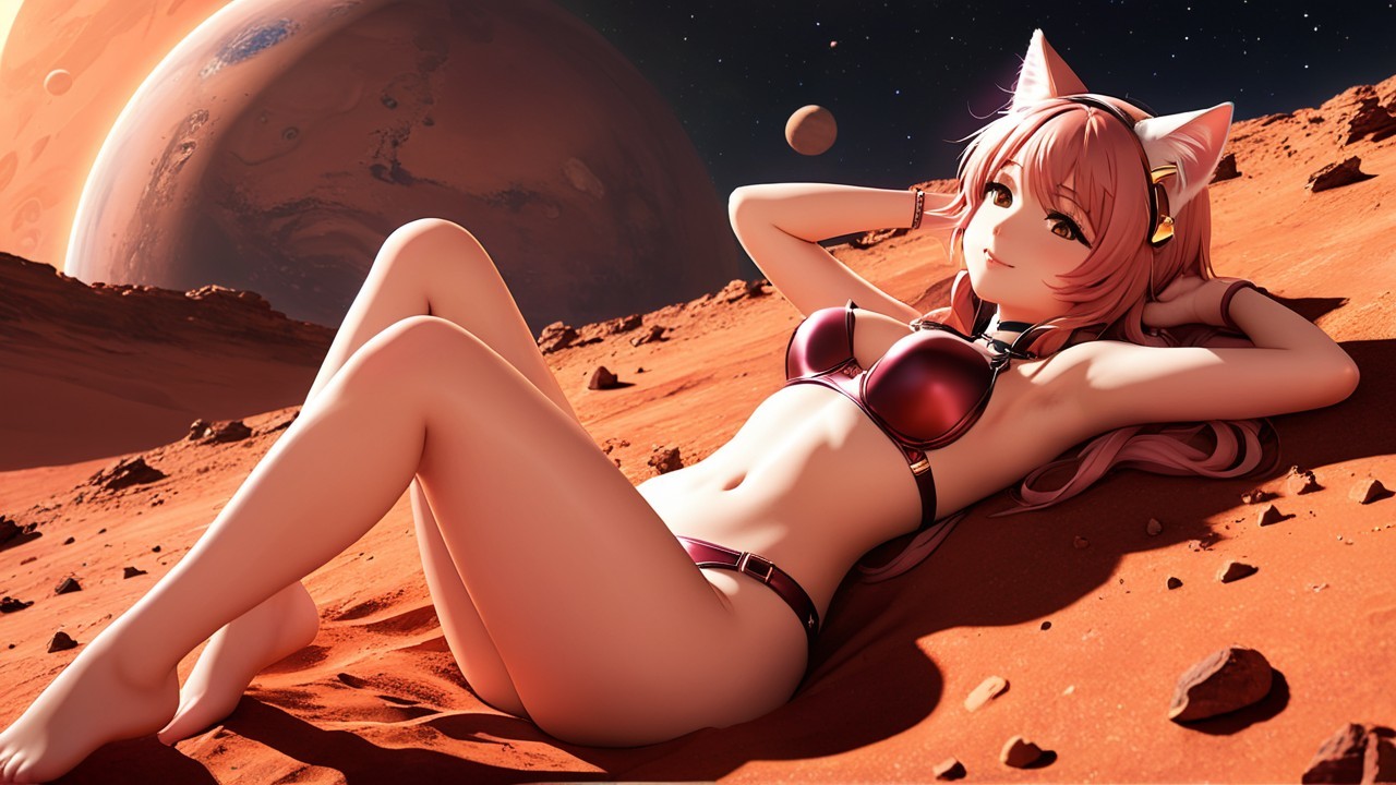 Futuristic character on red Martian surface at night