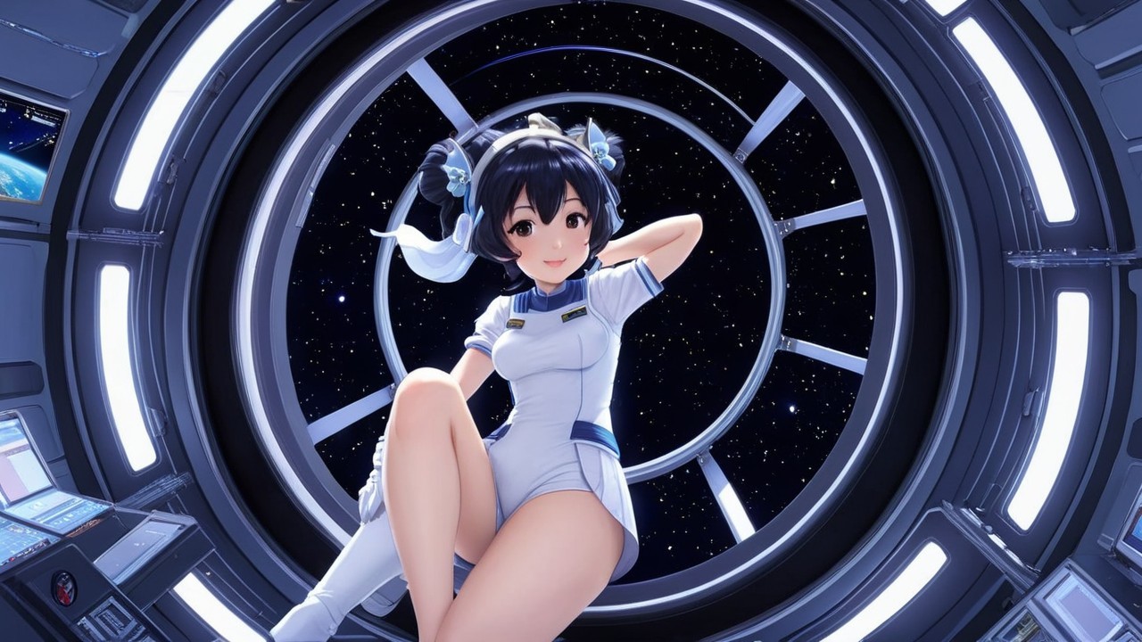 Futuristic character in a spacecraft with starry backdrop