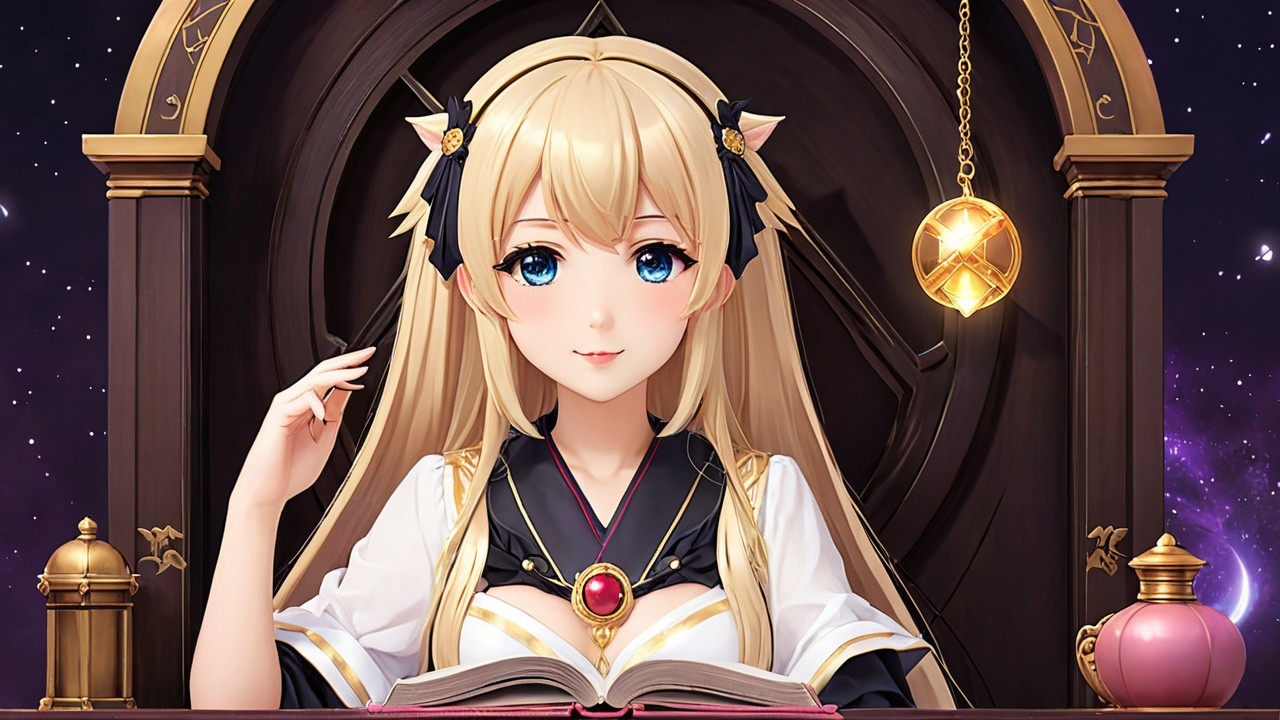 Mystical Character at Ornate Desk with Celestial Elements