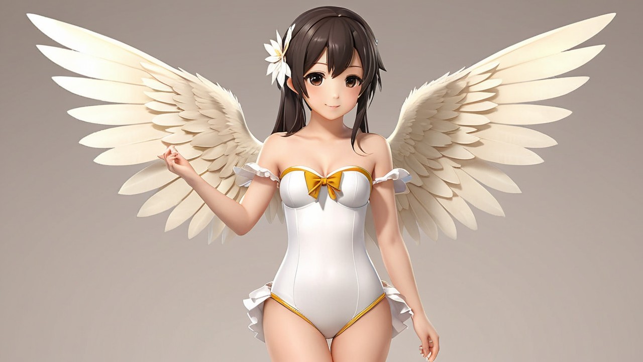 Cheerful anime character with feathered wings and ruffles