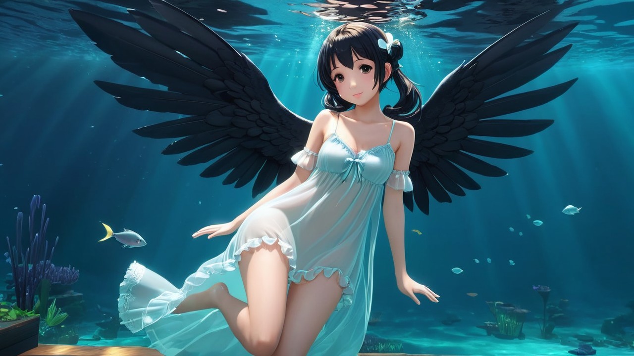 Underwater Scene of a Girl with Black Wings