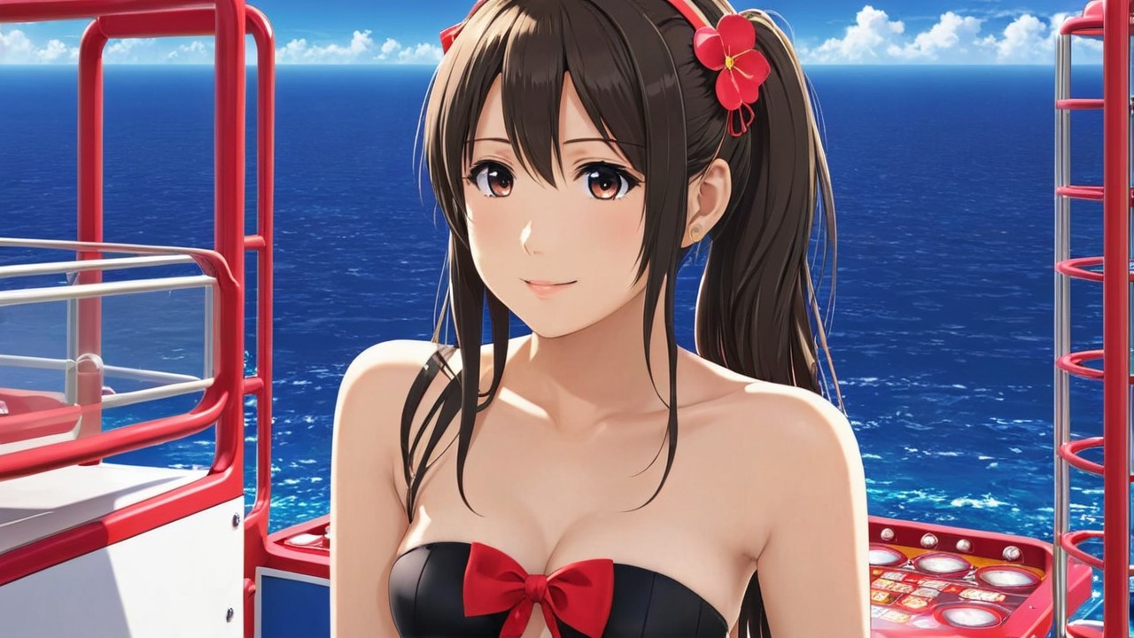 Young woman in black swimsuit with red bow by ocean