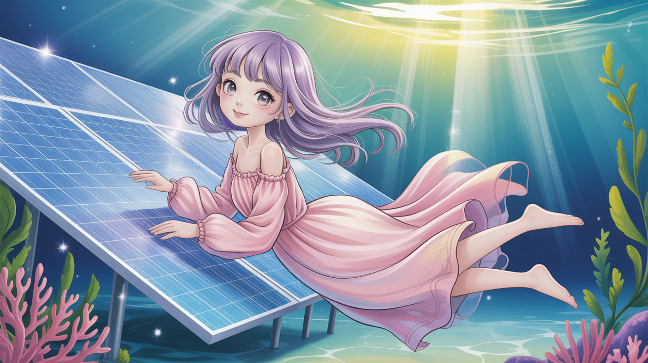 Anime girl underwater with lavender hair and coral